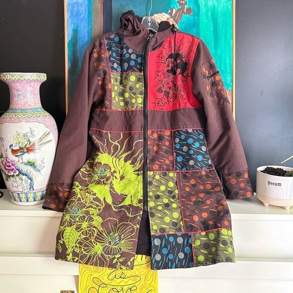 Nepalese Boho Hippy Festival Patchwork Hooded Fleece Lined Jacket 42" L - Picture 2 of 16